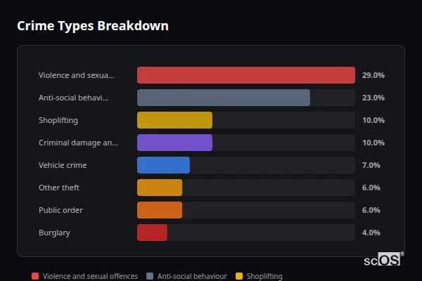 Crime Types Breakdown for Rural Darlington - showing Violence and sexual offences (29%), Anti-social behaviour (23%), Shoplifting (10%)
