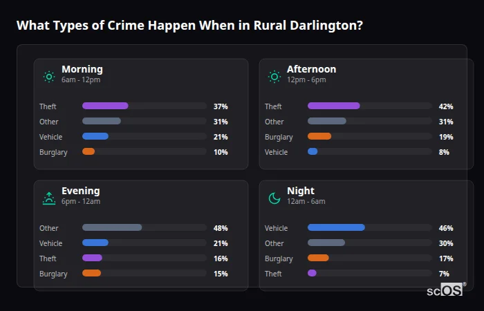 Crime types by time period for Rural Darlington - showing breakdown of burglary, violence, theft, and vehicle crime by morning, afternoon, evening, and night