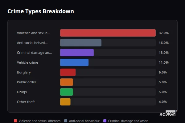 Crime Types Breakdown for Bean - showing Violence and sexual offences (37%), Anti-social behaviour (16%), Criminal damage and arson (13%)