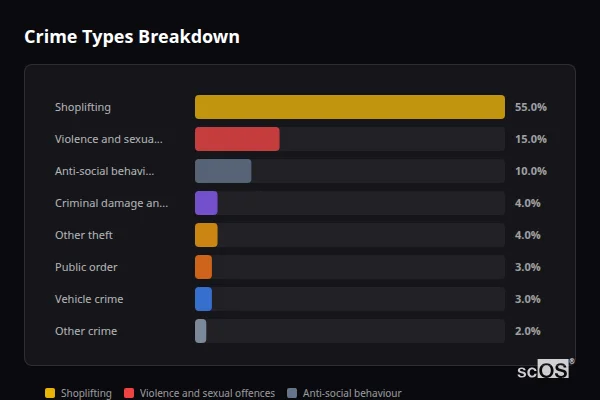 Crime Types Breakdown - Rural Dartford Crime Types Breakdown for Rural Dartford - showing Shoplifting (55%), Violence and sexual offences (15%), Anti-social behaviour (10%)