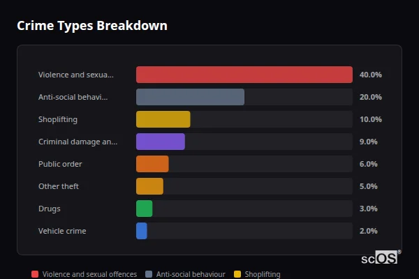 Crime Types Breakdown for Llangollen - showing Violence and sexual offences (40%), Anti-social behaviour (20%), Shoplifting (10%)