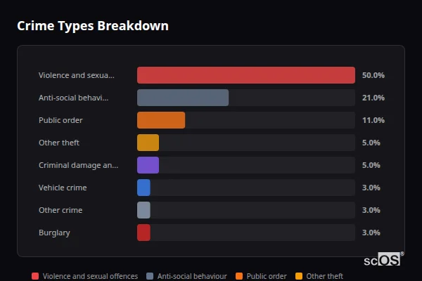 Crime Types Breakdown - Nant-y-Patrick Crime Types Breakdown for Nant-y-Patrick - showing Violence and sexual offences (50%), Anti-social behaviour (21%), Public order (11%)
