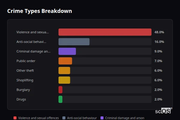 Crime Types Breakdown for Rural Denbighshire - showing Violence and sexual offences (48%), Anti-social behaviour (16%), Criminal damage and arson (9%)