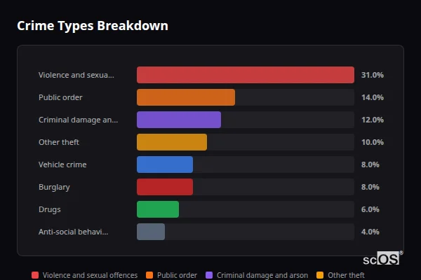 Crime Types Breakdown for Brailsford - showing Violence and sexual offences (31%), Public order (14%), Criminal damage and arson (12%)