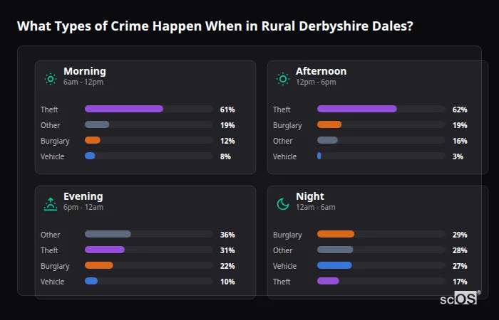 Crime types by time period for Rural Derbyshire Dales - showing breakdown of burglary, violence, theft, and vehicle crime by morning, afternoon, evening, and night
