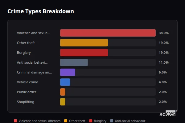 Crime Types Breakdown for Tideswell - showing Violence and sexual offences (38%), Other theft (19%), Burglary (19%)