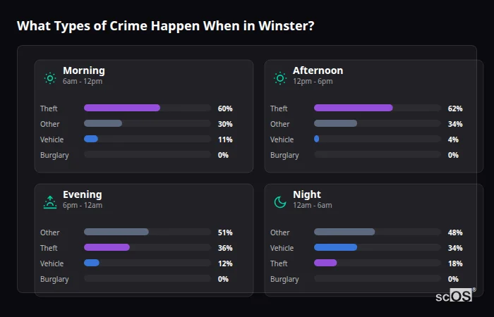 Crime types by time period for Winster - showing breakdown of burglary, violence, theft, and vehicle crime by morning, afternoon, evening, and night