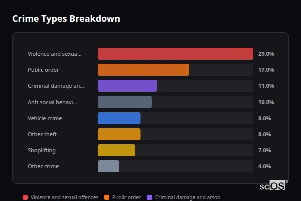 Crime Types Breakdown for Arksey - showing Violence and sexual offences (29%), Public order (17%), Criminal damage and arson (11%)