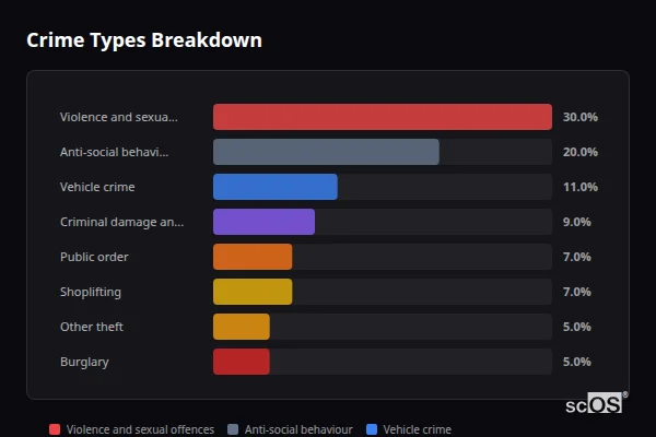 Crime Types Breakdown for Armthorpe - showing Violence and sexual offences (30%), Anti-social behaviour (20%), Vehicle crime (11%)