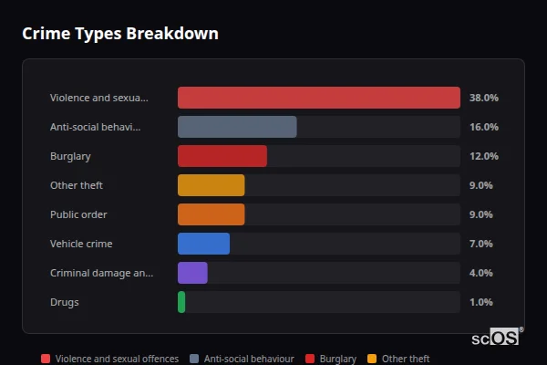 Crime Types Breakdown for Blaxton - showing Violence and sexual offences (38%), Anti-social behaviour (16%), Burglary (12%)