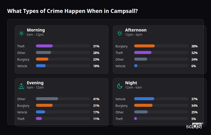 Crime types by time period for Campsall - showing breakdown of burglary, violence, theft, and vehicle crime by morning, afternoon, evening, and night