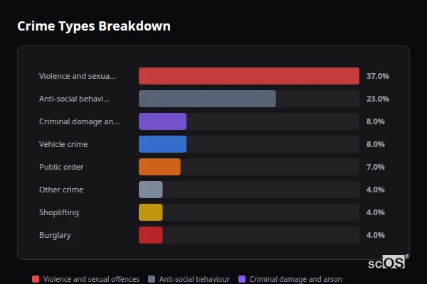 Crime Types Breakdown for Conisbrough - showing Violence and sexual offences (37%), Anti-social behaviour (23%), Criminal damage and arson (8%)