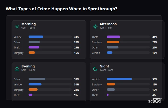 Crime types by time period for Sprotbrough - showing breakdown of burglary, violence, theft, and vehicle crime by morning, afternoon, evening, and night