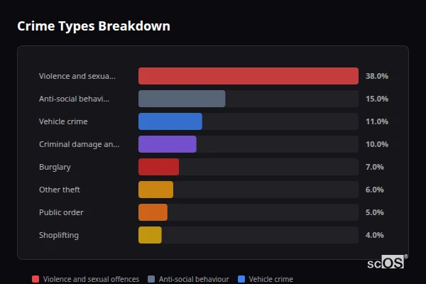 Crime Types Breakdown for Ashley Heath - showing Violence and sexual offences (38%), Anti-social behaviour (15%), Vehicle crime (11%)