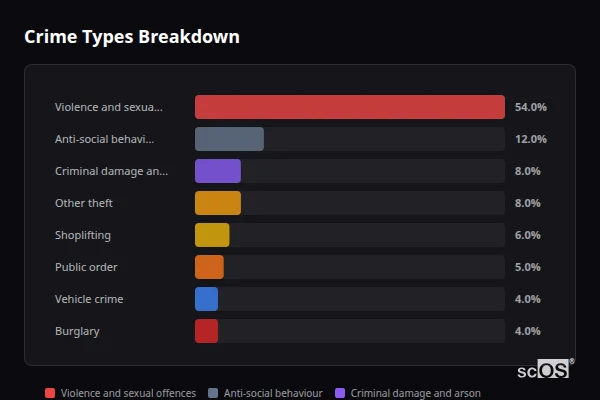 Crime Types Breakdown for Bere Regis - showing Violence and sexual offences (54%), Anti-social behaviour (12%), Criminal damage and arson (8%)