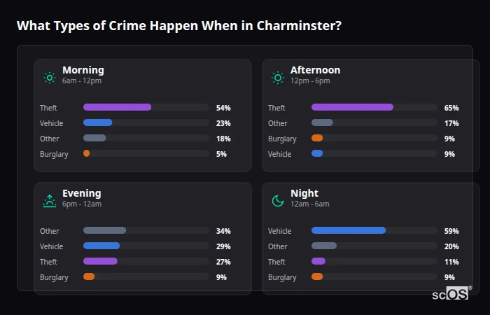 What Types of Crime Happen When in Charminster? Crime types by time period for Charminster - showing breakdown of burglary, violence, theft, and vehicle crime by morning, afternoon, evening, and night