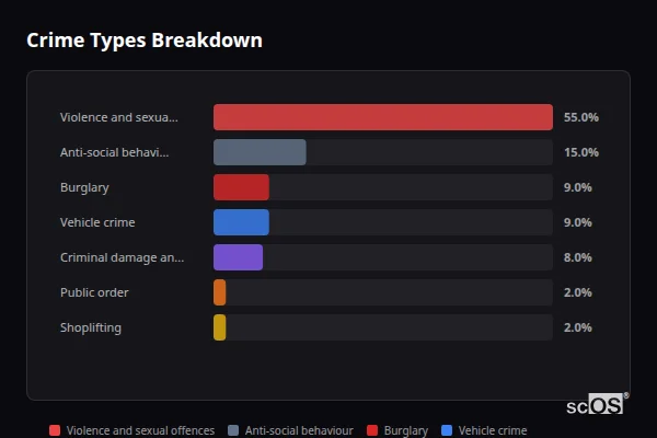 Crime Types Breakdown - Child Okeford Crime Types Breakdown for Child Okeford - showing Violence and sexual offences (55%), Anti-social behaviour (15%), Burglary (9%)