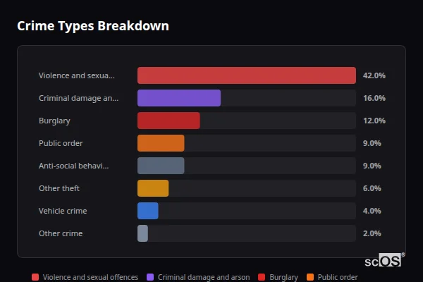 Crime Types Breakdown for Pimperne - showing Violence and sexual offences (42%), Criminal damage and arson (16%), Burglary (12%)