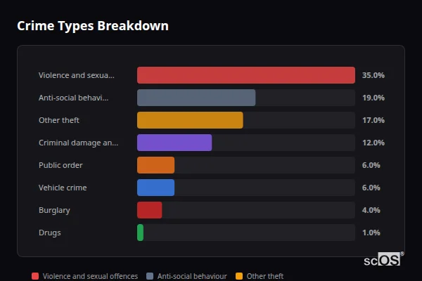 Crime Types Breakdown for Puddletown - showing Violence and sexual offences (35%), Anti-social behaviour (19%), Other theft (17%)