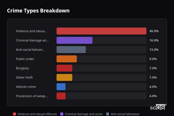Crime Types Breakdown - Sixpenny Handley Crime Types Breakdown for Sixpenny Handley - showing Violence and sexual offences (40%), Criminal damage and arson (16%), Anti-social behaviour (13%)