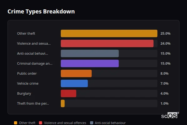 Crime Types Breakdown - Stoborough Crime Types Breakdown for Stoborough - showing Other theft (25%), Violence and sexual offences (24%), Anti-social behaviour (15%)