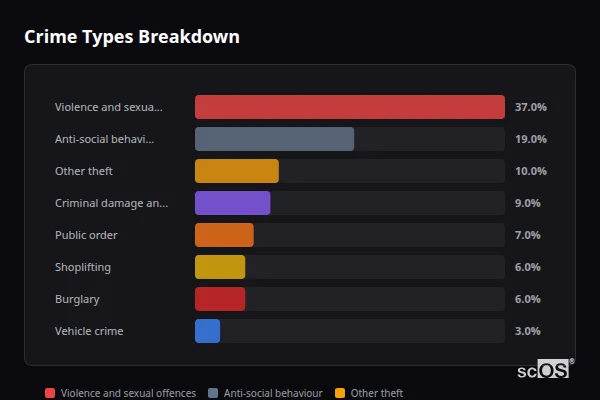 Crime Types Breakdown for Verwood - showing Violence and sexual offences (37%), Anti-social behaviour (19%), Other theft (10%)