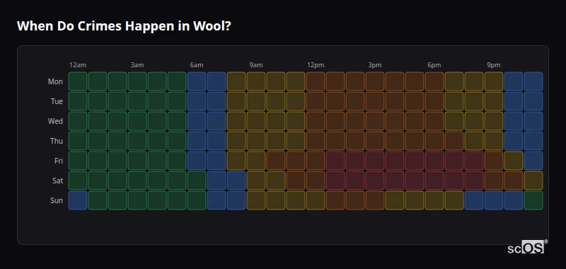 Crime time heatmap for Wool - showing when crimes are most likely to occur by day and hour