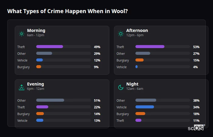 Crime types by time period for Wool - showing breakdown of burglary, violence, theft, and vehicle crime by morning, afternoon, evening, and night