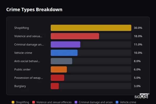Crime Types Breakdown - Sibertswold Crime Types Breakdown for Sibertswold - showing Shoplifting (30%), Violence and sexual offences (18%), Criminal damage and arson (11%)