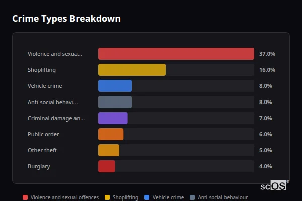 Crime Types Breakdown for Brierley Hill - showing Violence and sexual offences (37%), Shoplifting (16%), Vehicle crime (8%)