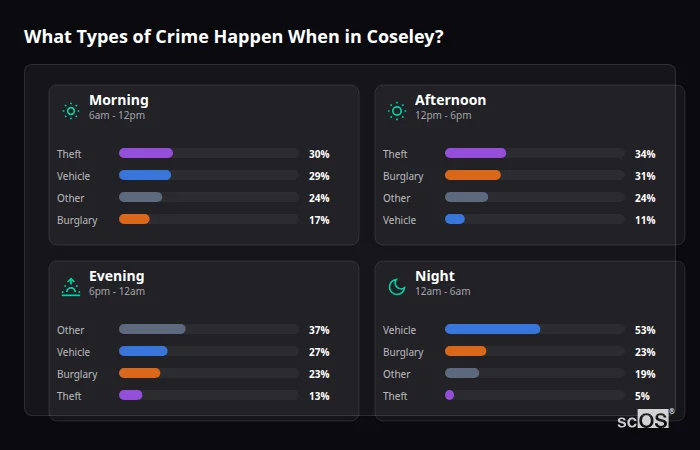 Crime types by time period for Coseley - showing breakdown of burglary, violence, theft, and vehicle crime by morning, afternoon, evening, and night