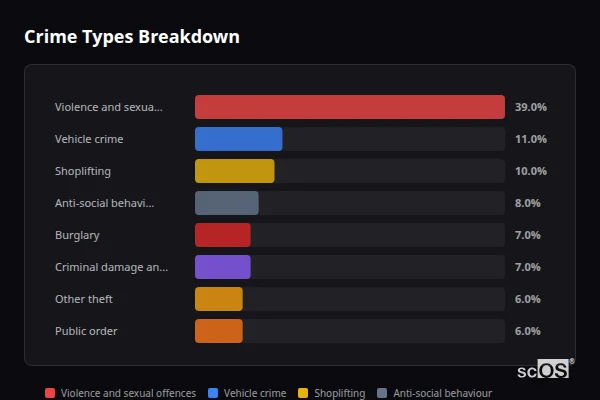 Crime Types Breakdown - Halesowen Crime Types Breakdown for Halesowen - showing Violence and sexual offences (39%), Vehicle crime (11%), Shoplifting (10%)