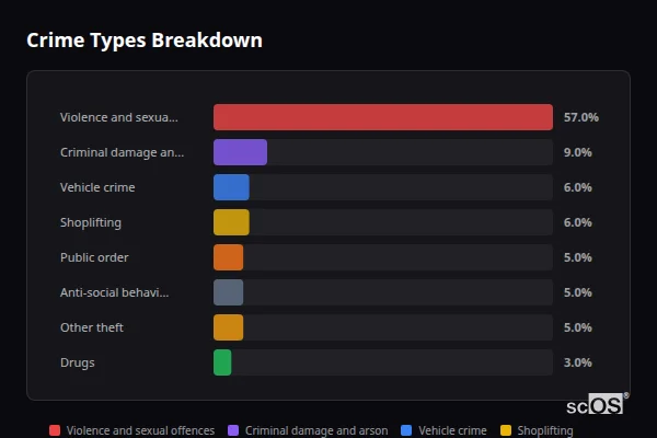 Crime Types Breakdown for Rural Dudley - showing Violence and sexual offences (57%), Criminal damage and arson (9%), Vehicle crime (6%)