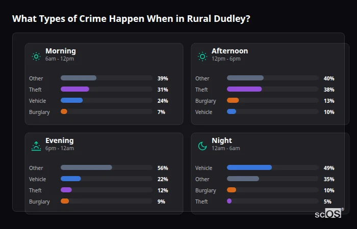 Crime types by time period for Rural Dudley - showing breakdown of burglary, violence, theft, and vehicle crime by morning, afternoon, evening, and night