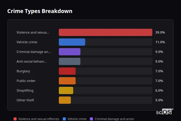 Crime Types Breakdown - Sedgley Crime Types Breakdown for Sedgley - showing Violence and sexual offences (39%), Vehicle crime (11%), Criminal damage and arson (9%)