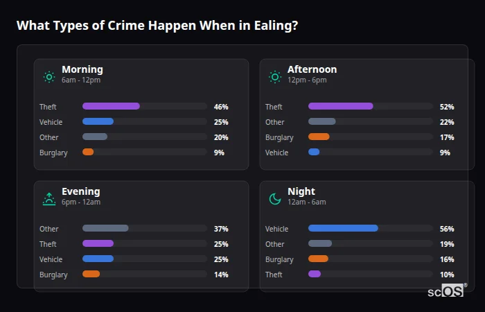 Crime types by time period for Ealing - showing breakdown of burglary, violence, theft, and vehicle crime by morning, afternoon, evening, and night