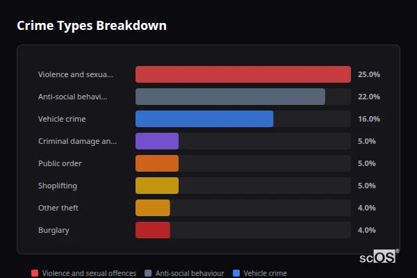 Crime Types Breakdown for Rural Ealing - showing Violence and sexual offences (25%), Anti-social behaviour (22%), Vehicle crime (16%)