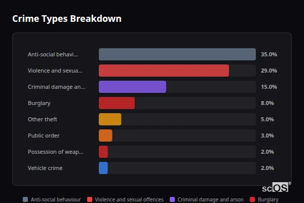 Crime Types Breakdown - Mepal Crime Types Breakdown for Mepal - showing Anti-social behaviour (35%), Violence and sexual offences (29%), Criminal damage and arson (15%)