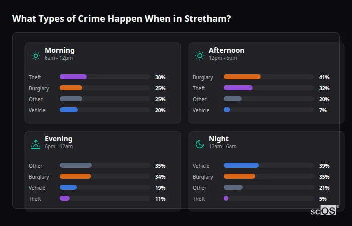 What Types of Crime Happen When in Stretham? Crime types by time period for Stretham - showing breakdown of burglary, violence, theft, and vehicle crime by morning, afternoon, evening, and night