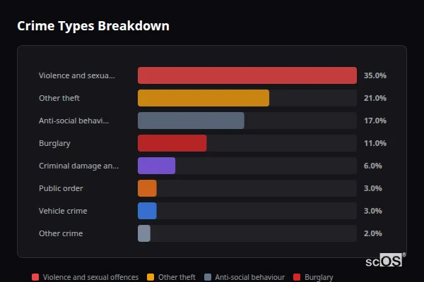 Crime Types Breakdown - Witchford Crime Types Breakdown for Witchford - showing Violence and sexual offences (35%), Other theft (21%), Anti-social behaviour (17%)