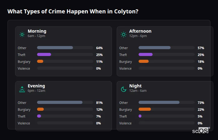 What Types of Crime Happen When in Colyton? Crime types by time period for Colyton - showing breakdown of burglary, violence, theft, and vehicle crime by morning, afternoon, evening, and night