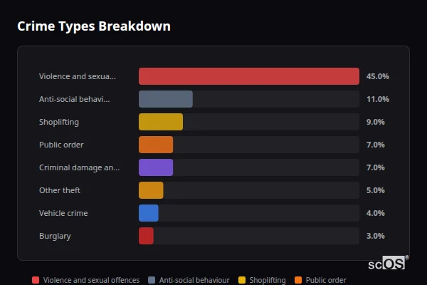 Crime Types Breakdown - Bordon Crime Types Breakdown for Bordon - showing Violence and sexual offences (45%), Anti-social behaviour (11%), Shoplifting (9%)