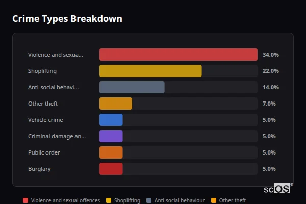 Crime Types Breakdown for Holybourne - showing Violence and sexual offences (34%), Shoplifting (22%), Anti-social behaviour (14%)