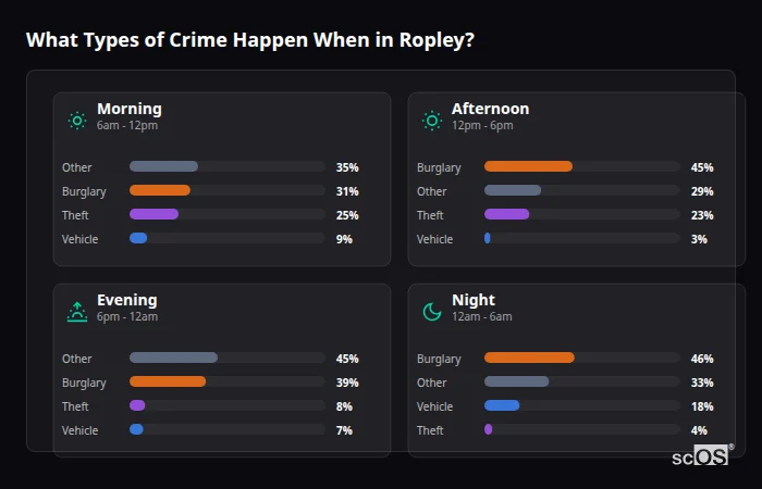 Crime types by time period for Ropley - showing breakdown of burglary, violence, theft, and vehicle crime by morning, afternoon, evening, and night