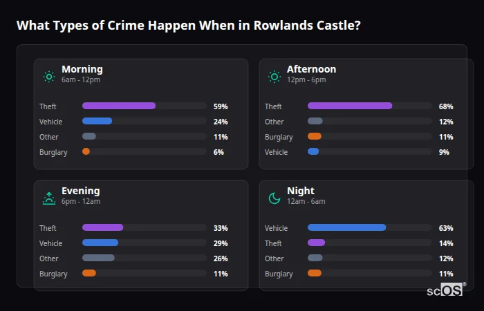 What Types of Crime Happen When in Rowlands Castle? Crime types by time period for Rowlands Castle - showing breakdown of burglary, violence, theft, and vehicle crime by morning, afternoon, evening, and night