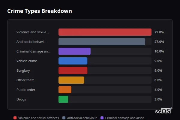 Crime Types Breakdown - Braughing Crime Types Breakdown for Braughing - showing Violence and sexual offences (29%), Anti-social behaviour (27%), Criminal damage and arson (10%)