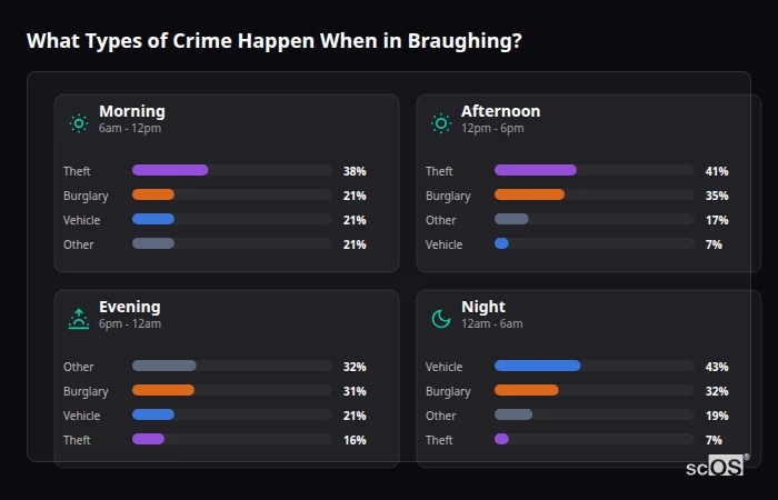 What Types of Crime Happen When in Braughing? Crime types by time period for Braughing - showing breakdown of burglary, violence, theft, and vehicle crime by morning, afternoon, evening, and night
