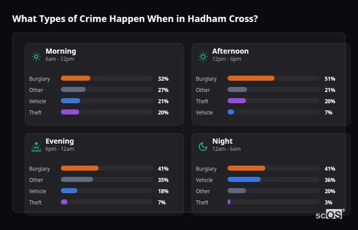 Crime types by time period for Hadham Cross - showing breakdown of burglary, violence, theft, and vehicle crime by morning, afternoon, evening, and night