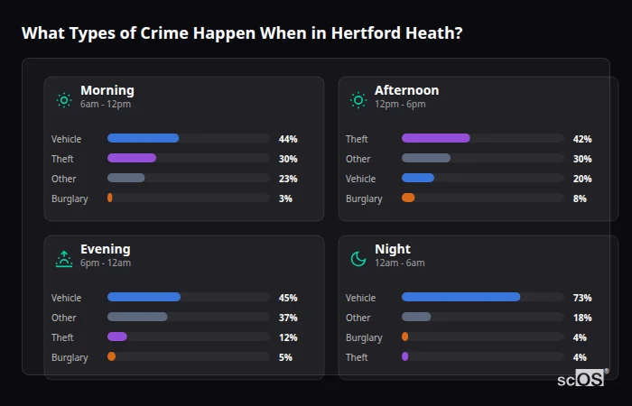 What Types of Crime Happen When in Hertford Heath? Crime types by time period for Hertford Heath - showing breakdown of burglary, violence, theft, and vehicle crime by morning, afternoon, evening, and night