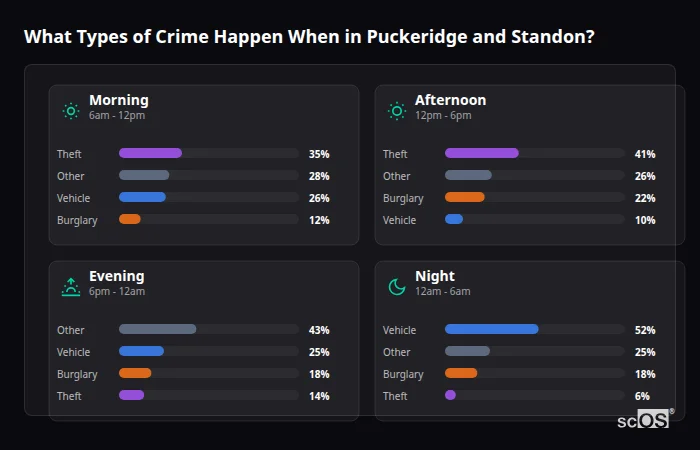 Crime types by time period for Puckeridge and Standon - showing breakdown of burglary, violence, theft, and vehicle crime by morning, afternoon, evening, and night